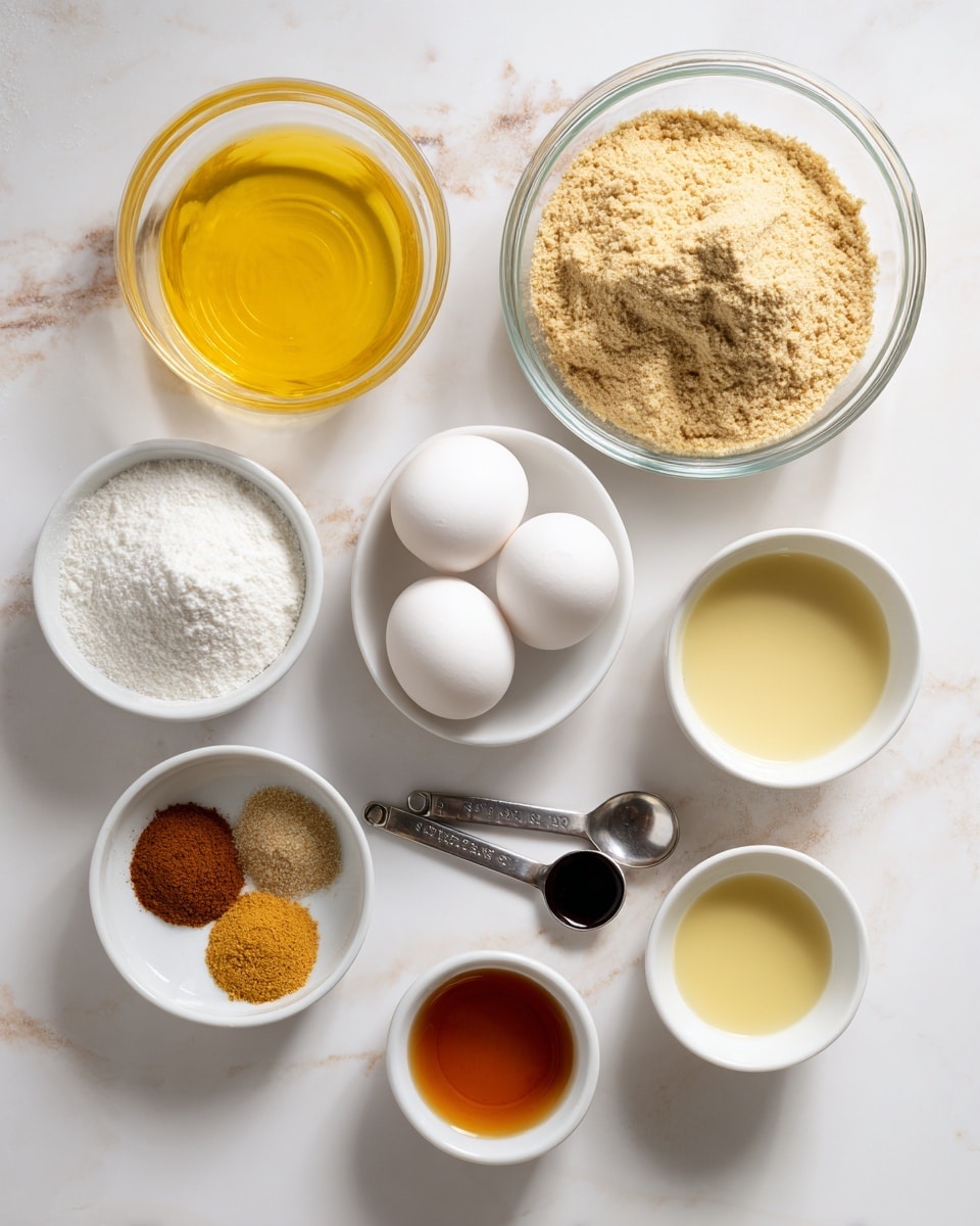 The image shows an arrangement of ingredients neatly placed on a white marbled surface. At the top right, there is a white bowl full of a light tan powder, and to its left, a clear glass bowl with a yellow liquid inside. Next to this is another glass bowl with white granulated sugar. Below this row, from left to right, there is a small white bowl with a pale yellow creamy liquid, three white eggs placed close together in the center, and a small white bowl filled with a fine beige powder. At the bottom right, there is another small white bowl holding a light yellow liquid, and next to it, a tiny white bowl filled with a thick amber liquid. In front of the eggs, two measuring spoons sit side by side, one with a black liquid and the other with a small amount of white powder. A small white bowl containing three piles of ground spices in yellow, brown, and reddish tones is placed near the center top. The overall neat and clean layout is set against the white marbled surface, creating a soft, bright culinary scene photo taken with an iphone --ar 4:5 --v 7