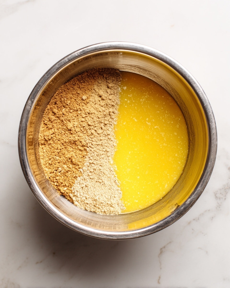 The image shows a metal mixing bowl with two main layers inside. On the left side, there is a light brown powder with a fine texture, and on the right side, there is a bright yellow liquid that looks smooth and slightly frothy. The bowl's round shape and shiny surface reflect some light, and it rests on a white marbled surface. photo taken with an iphone --ar 4:5 --v 7