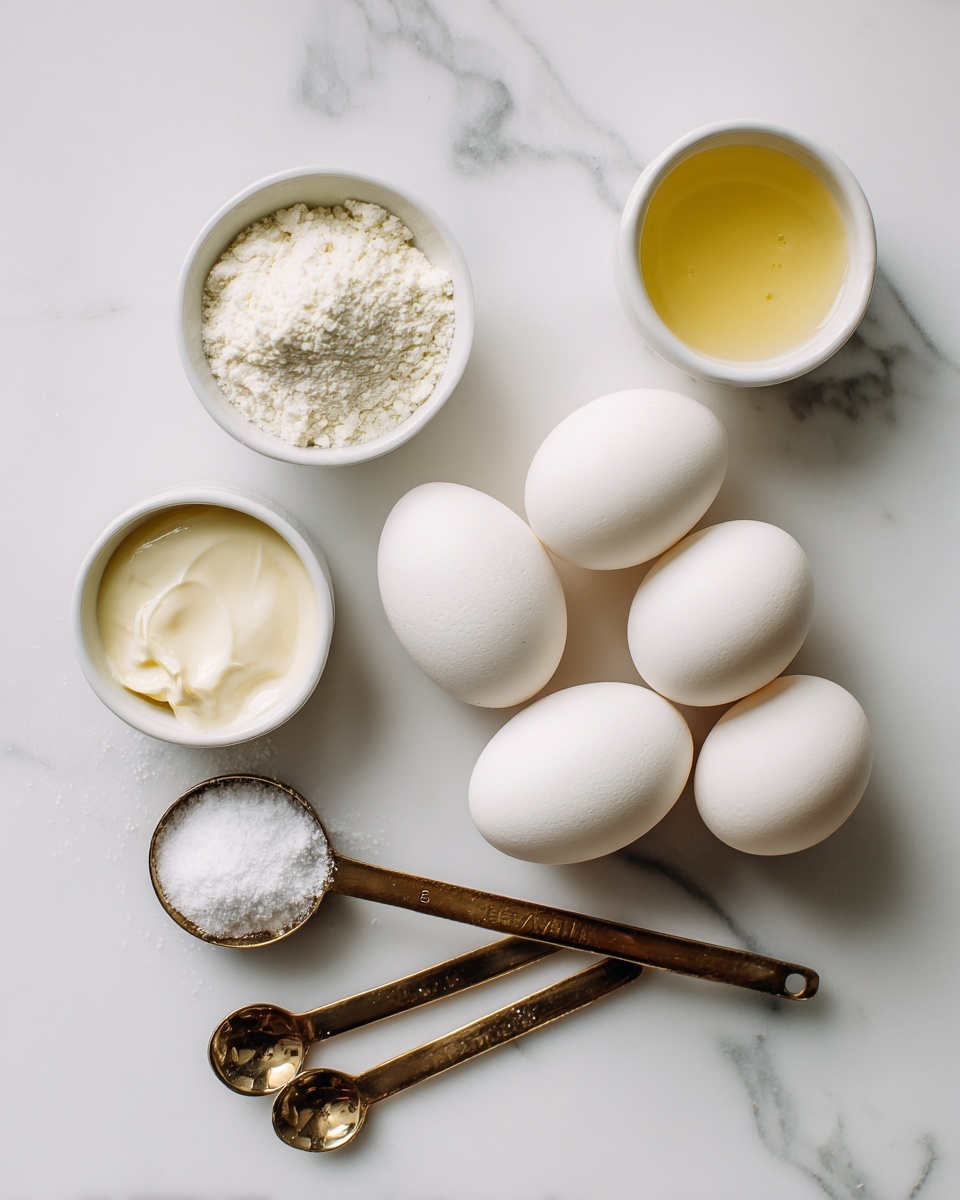 The image shows five white eggs arranged in a loose cluster on a white marbled surface. Above the eggs, there are three small white bowls: one filled with a light powder (likely flour), another with a pale cream liquid, and the third with a yellow melted butter. Below the bowls and eggs, two bronze measuring spoons are laid flat, one with a white powder (likely baking soda) inside, while the other one is empty, both resting on the white marbled surface. There is also a small white bowl containing a fine white powder (likely salt) near the center. photo taken with an iphone --ar 4:5 --v 7