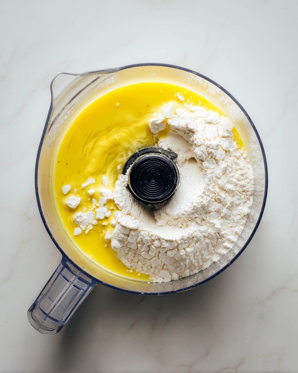 A clear food processor bowl sits on a white marbled surface, filled with two main layers: a bright yellow liquid base covering most of the bottom, topped with a thick layer of white flour mostly on the right side but slightly spread towards the center around the black central blade holder. The yellow liquid has a smooth texture, while the flour looks powdery and clumpy, showing some cracks and small mounds. The clear plastic handle of the bowl extends to the left. photo taken with an iphone --ar 4:5 --v 7