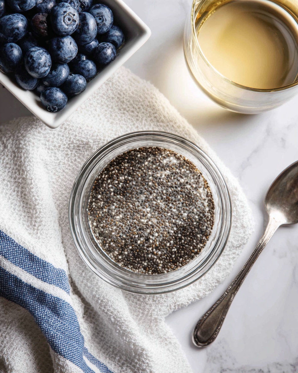 The image shows a clear glass bowl filled with soaked chia seeds that have a gel-like texture and a mix of black and white colors, floating evenly in liquid. The bowl sits on a white textured cloth with a blue and white striped cloth partially underneath it. To the left, there is a white square bowl filled with fresh blueberries, and in the top right corner, there is a glass filled with a light-colored liquid. A silver spoon lies on the white marbled surface near the bottom right of the image. photo taken with an iphone --ar 4:5 --v 7