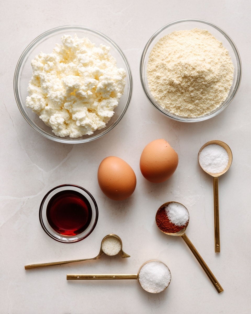 The image shows six ingredients arranged on a white marbled surface: a clear glass bowl with a white, lumpy cottage cheese texture at the top left, next to a similar glass bowl with a pale yellow almond flour with fine crumb texture on the right; below the cottage cheese, there are two brown eggs side by side; below and to the right of the almond flour bowl, a small clear glass bowl holds a dark amber liquid, likely vanilla extract; near the bottom left corner, two gold measuring spoons lay flat with one holding a white powder and the other a reddish-brown powder, and at the top right, another gold measuring spoon holds a small amount of white granules, probably salt. photo taken with an iphone --ar 4:5 --v 7