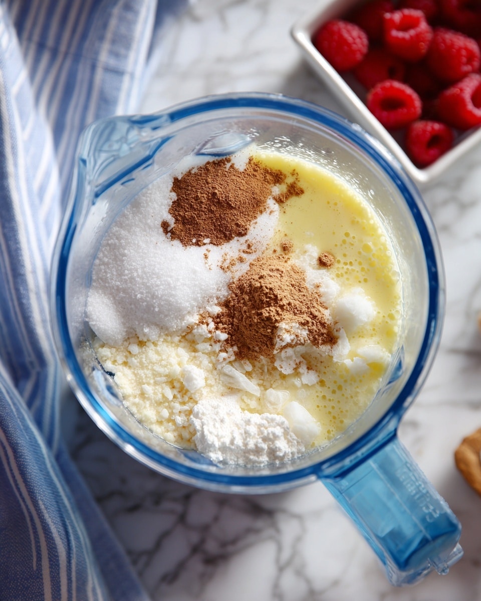 The image shows a close-up top view of a blender with several ingredients inside layered in a somewhat mixed but visible way. The bottom layer is a light yellow liquid, above which there are white powdery and creamy elements scattered around. On top, there is a sprinkle of a brown powder that covers parts of the white ingredients. The blender is transparent with a light blue tint, placed on a white marbled surface. Nearby, there is a blue and white striped cloth and a small white square container holding red raspberries. The photo has a bright, natural light with a soft focus on the surroundings. Photo taken with an iphone --ar 4:5 --v 7