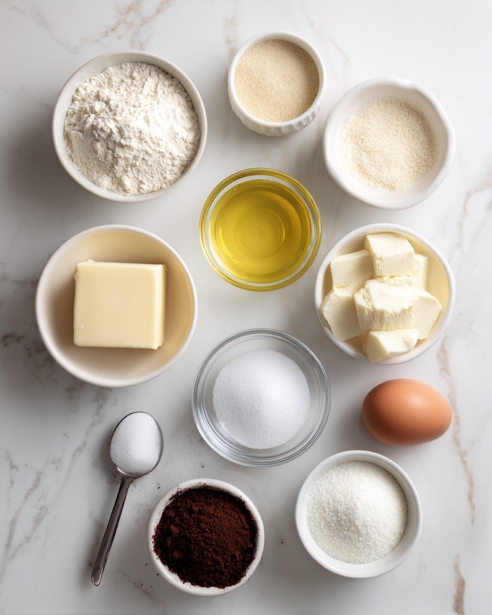 The image shows eleven small white bowls and one clear small bowl arranged on a white marbled surface. From top left moving clockwise, there is a small white bowl with a light powder, a clear bowl filled with a light beige powder, a clear bowl filled with yellow oil, an empty white bowl, a white bowl with a pale yellow square of butter, a white bowl with white granulated sugar, a white bowl with a light powder, a white bowl with a dark brown powder, a small clear bowl with white powder, a brown egg, and a small measuring spoon with white powder. Photo taken with an iphone --ar 4:5 --v 7