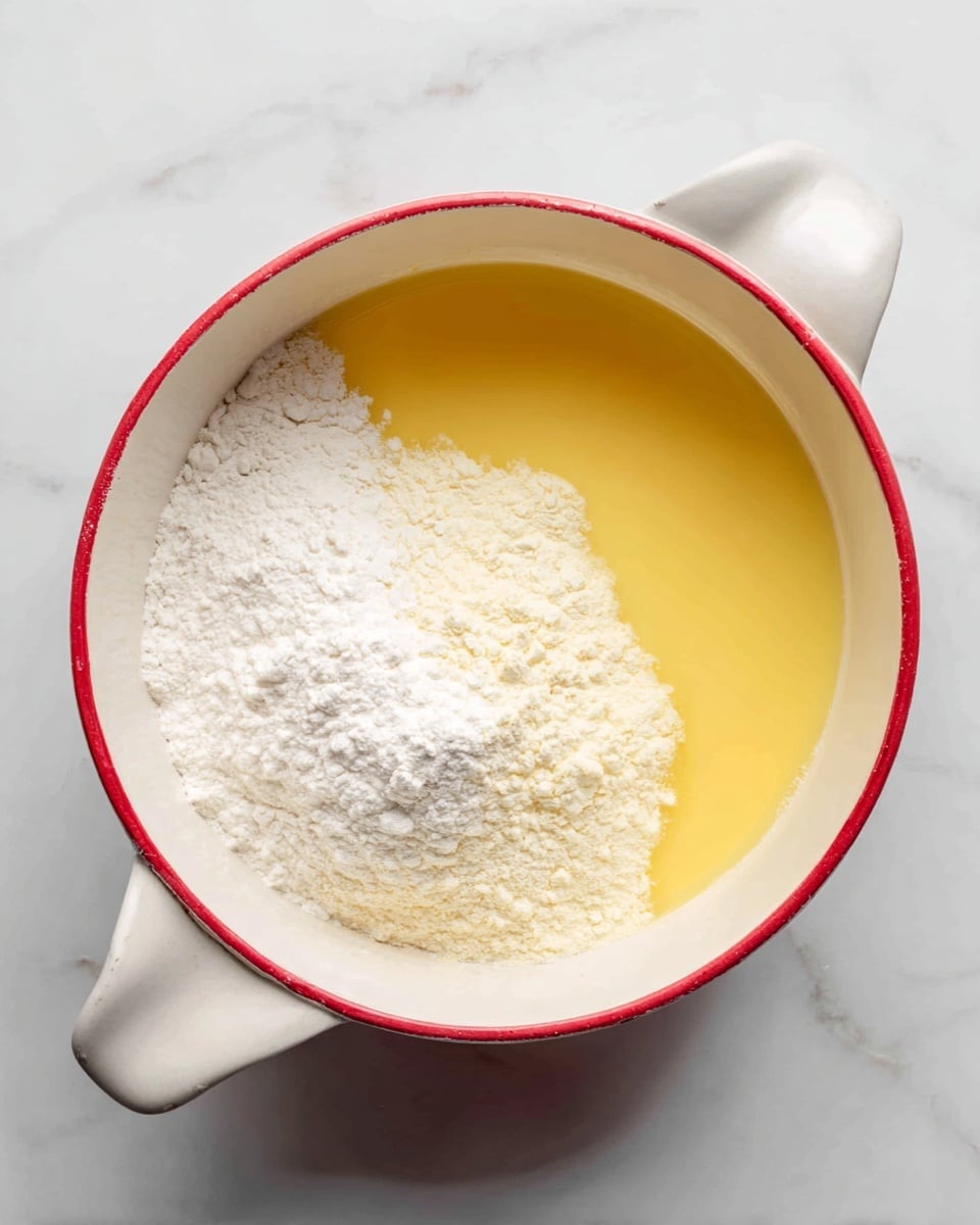 A white saucepan with a red rim is filled with three main layers of ingredients. On the right side, a smooth, bright yellow melted butter layer floats next to two white powdery layers, likely flour and sugar, each with a soft, fine texture. These layers sit side by side without mixing, creating a clear division of colors inside the pot. The saucepan handle extends to the left, all set against a white marbled surface. Photo taken with an iphone --ar 4:5 --v 7