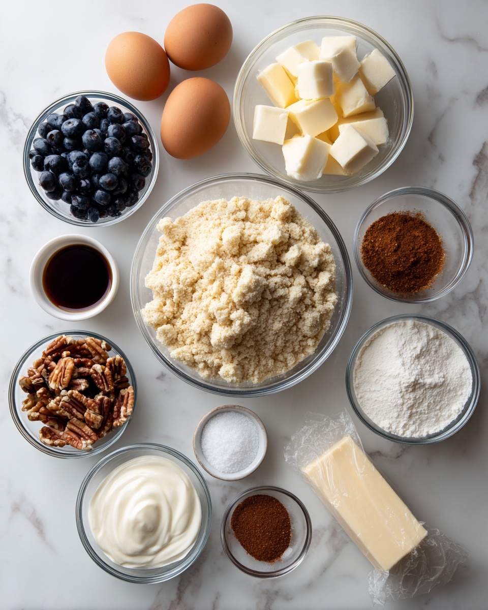 The image shows various baking ingredients laid out on a white marbled surface, each in clear glass bowls or simply placed. There are three eggs with brown shells placed directly on the surface. In the center, a large bowl holds a pale, crumbly flour-like mixture. Surrounding it are smaller bowls containing white sugar, cubed butter, dark brown sugar, chopped pecans, rich golden syrup, thick white cream, fresh dark blue blueberries, a small bowl of cinnamon powder, and another with white and light pink powders close together. There is also a wrapped stick of butter on the side. Everything is neatly arranged, clean, and well spaced. Photo taken with an iphone --ar 4:5 --v 7