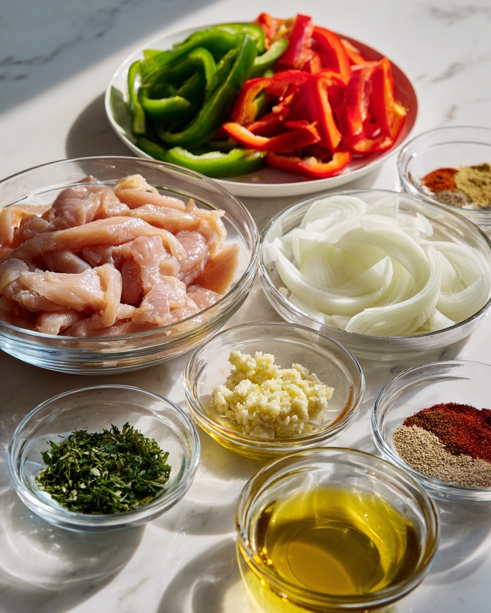 The image shows several small clear glass bowls arranged on a white marbled surface. The largest bowl on the left holds raw pale pink chicken strips. Behind and to the right, a white plate contains two layers of thinly sliced bell peppers: green peppers on top and red peppers below, both with smooth, shiny textures. To the right of that, a white bowl holds slices of white onion that look soft and curved. In front of these larger containers, smaller glass bowls hold minced garlic with a pale yellow tone, finely chopped green herbs, a mix of spices in red, brown, and green shades, yellow olive oil, and a light-colored lemon or lime juice. The scene is neatly arranged in a bright kitchen setting. Photo taken with an iphone --ar 4:5 --v 7
