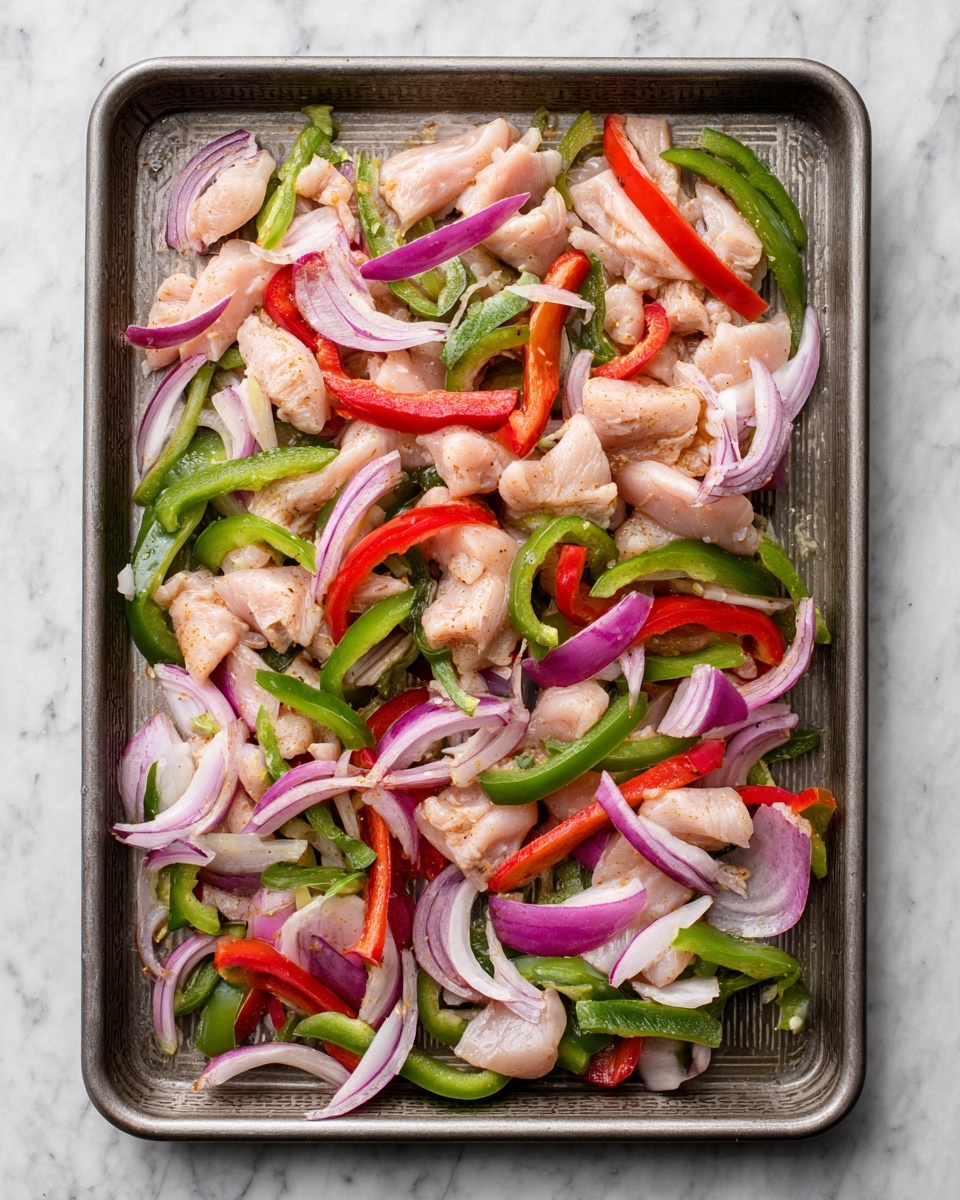 The image shows a single layer of raw chicken strips, red bell pepper slices, green bell pepper slices, and white onion slices spread evenly on a baking tray with a textured surface. The chicken strips are pale pink with a smooth and slightly shiny texture, while the red and green bell pepper slices add bright, vibrant colors with their smooth, slightly glossy surfaces. The white onion slices are translucent with a curved shape. The background surface is white marble. Photo taken with an iphone --ar 4:5 --v 7