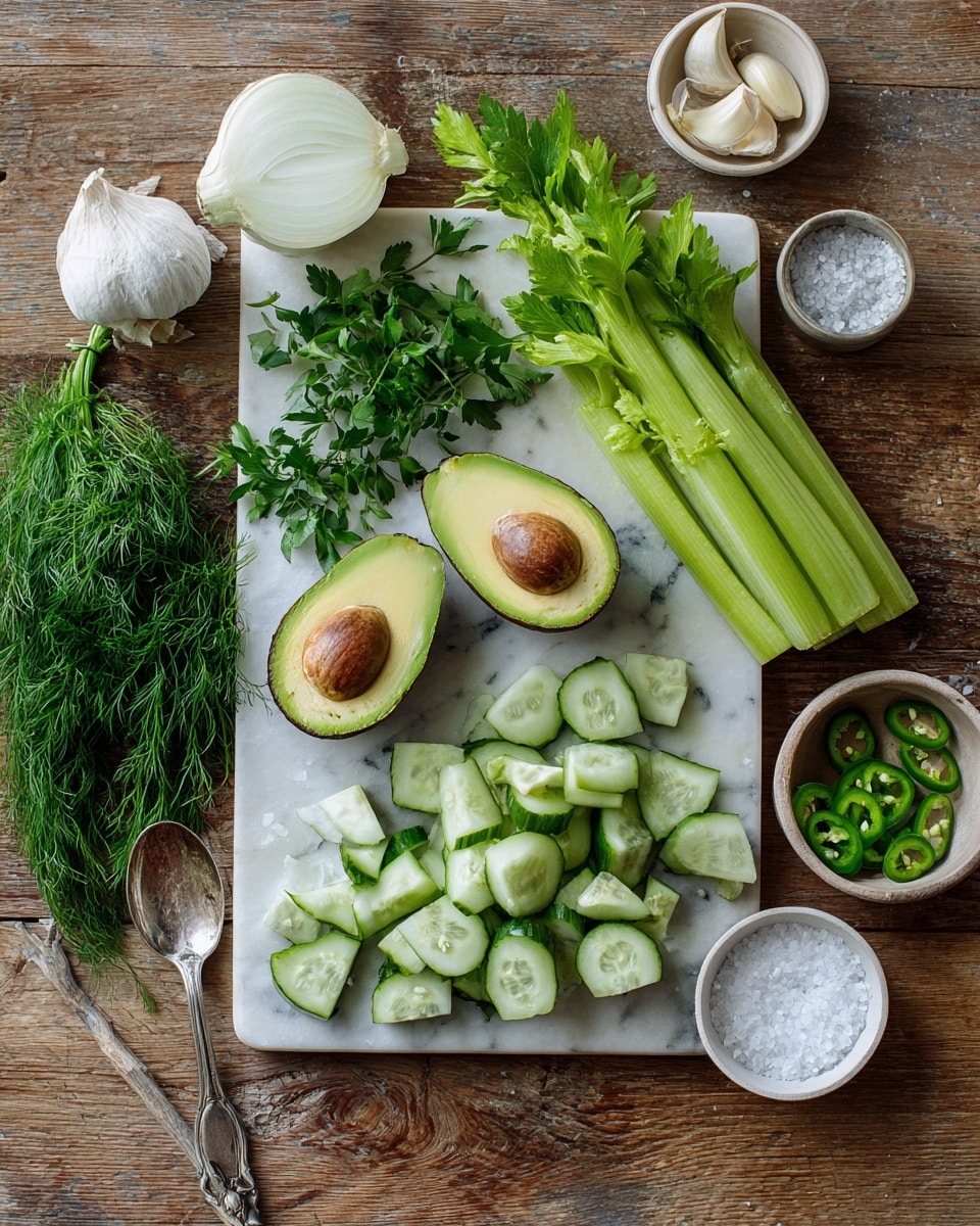 The image shows a white marble board placed on a wooden table with fresh vegetables and herbs arranged on it. At the center are two avocado halves, one with the seed showing. To the right of the avocados are several celery stalks with leafy green tops. Below them, there are cucumber slices and chunks spread evenly. To the left, there is a bunch of green parsley and some dill spread out on the board. A half white onion is placed at the top left corner of the marble board. Surrounding the board on the table are garlic cloves, a whole garlic bulb, a small bowl filled with coarse salt, a silver spoon, and sliced green chili peppers. The scene is natural and colorful with various shades of green and white. Photo taken with an iphone --ar 4:5 --v 7