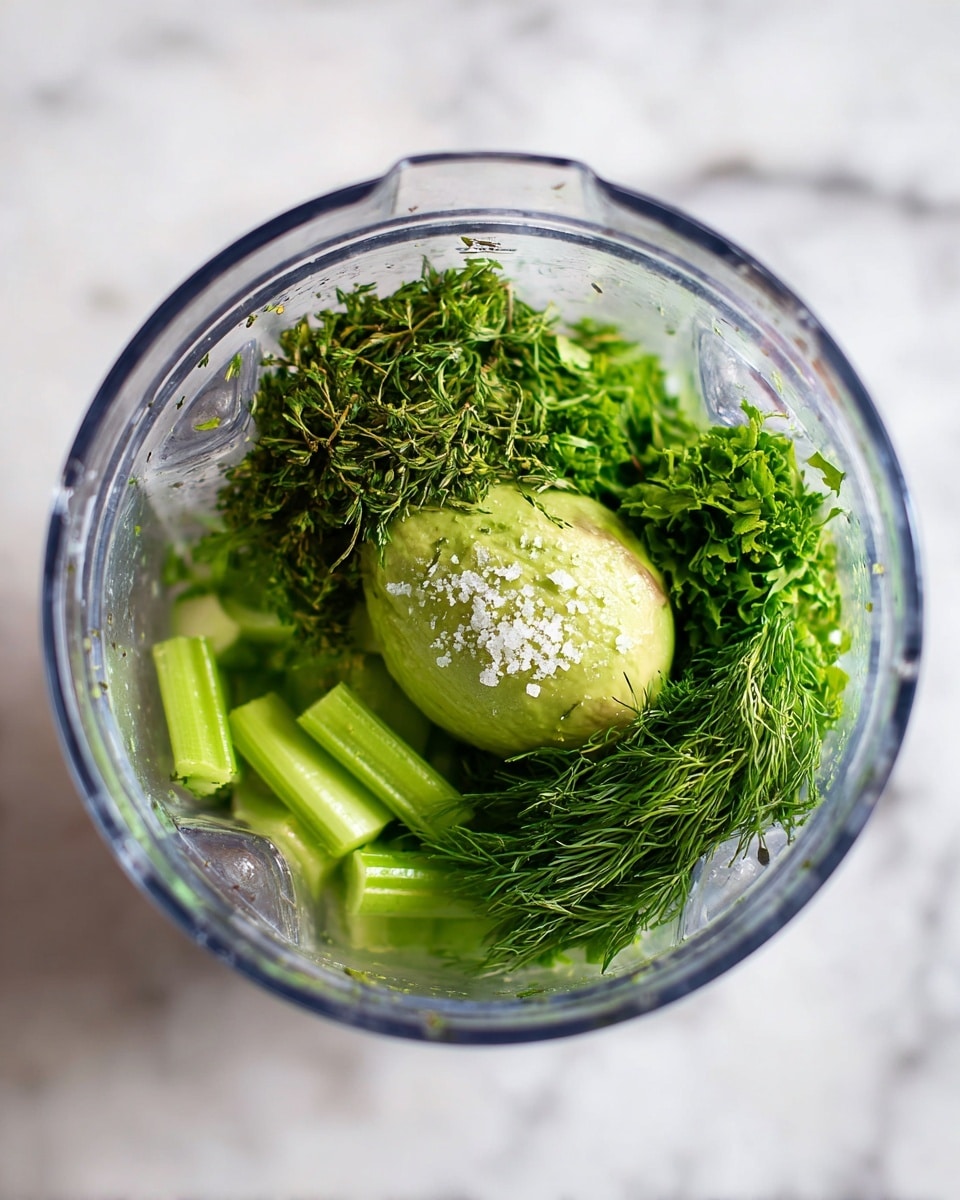 Inside a clear blender container, there are three main visible layers of ingredients. The bottom layer is made of fresh green celery stalks, with a few thick, light green pieces showing texture. Above this is a large pile of finely chopped, bright dark green dill and parsley, giving a soft, feathery look. On top of these herbs sits half of a smooth avocado, light green to pale yellow in color, sprinkled with coarse white salt flakes. The container sits on a white marbled surface. photo taken with an iphone --ar 4:5 --v 7