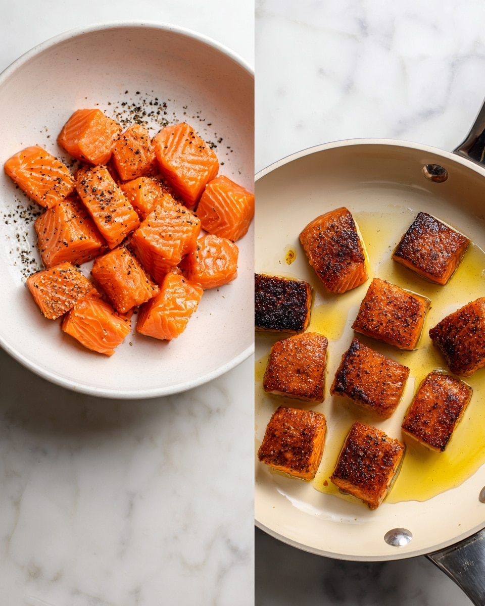 The image shows two steps of preparing cooked salmon cubes. On the left, raw salmon pieces are in a white bowl, seasoned with black pepper and a glossy coating of oil, all sitting on a white marbled surface. On the right, the salmon cubes are sizzling in a white frying pan with a few drops of golden oil, showing a dark brown, crispy crust on each piece, placed on the same white marbled surface. Photo taken with an iphone --ar 4:5 --v 7