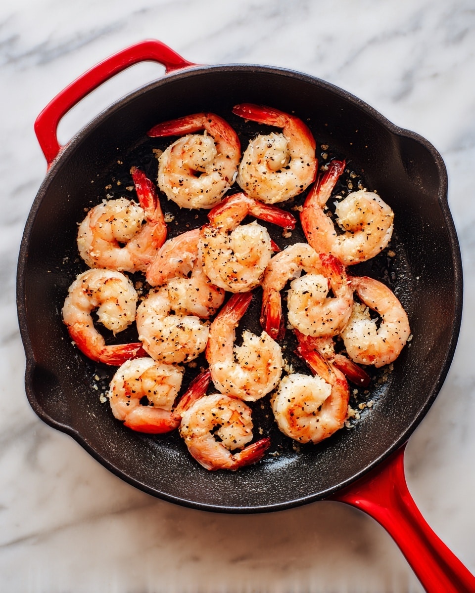 The image shows a close-up top view of a black skillet with a bright red handle filled with cooked orzo pasta. The orzo is evenly spread in one layer, with a light golden-brown color and small visible bits of seasoning or garlic mixed in. The texture looks soft and slightly creamy. The skillet is placed on a white marbled surface with subtle grey veins. photo taken with an iphone --ar 4:5 --v 7