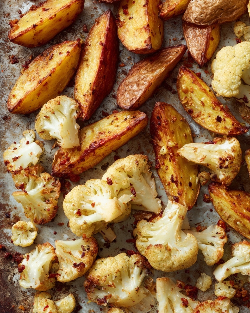 The image shows roasted vegetables spread out on a dark sheet. The top part of the image has golden brown to reddish roasted potato wedges with crisp, textured skins and soft interiors. Below them are roasted cauliflower florets that are light cream in color with charred, brown spots adding a crispy texture. The vegetable pieces are uneven in shape and size, creating a natural and rustic look. The background is a white marbled surface. photo taken with an iphone --ar 4:5 --v 7