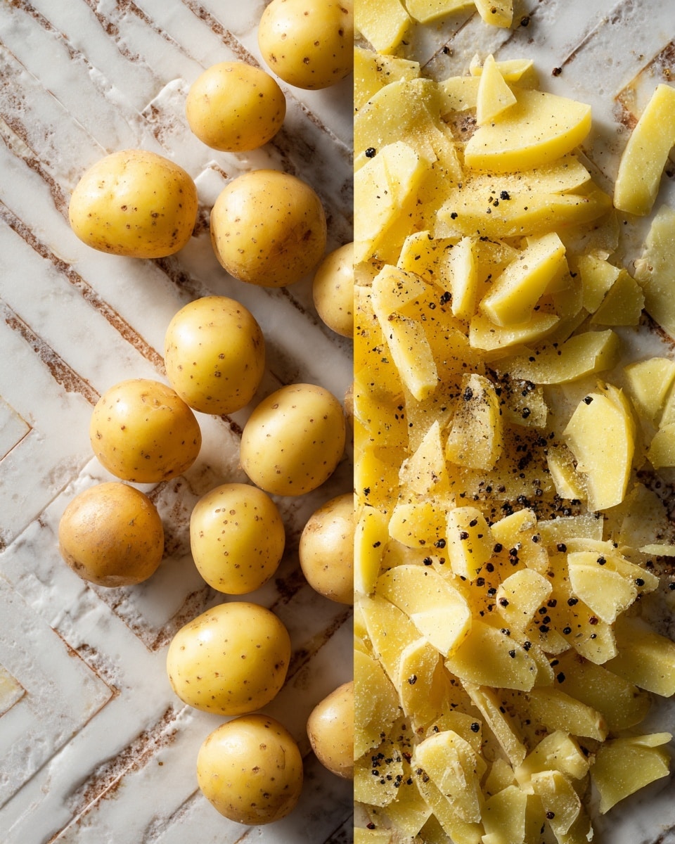 The image shows two side-by-side photos. The first photo has many small round yellowish potatoes scattered on a white marbled textured surface with a zigzag pattern. In the second photo, the potatoes are smashed flat and broken into uneven pieces, still on the same white marbled textured zigzag surface, with black pepper sprinkled on top. photo taken with an iphone --ar 4:5 --v 7
