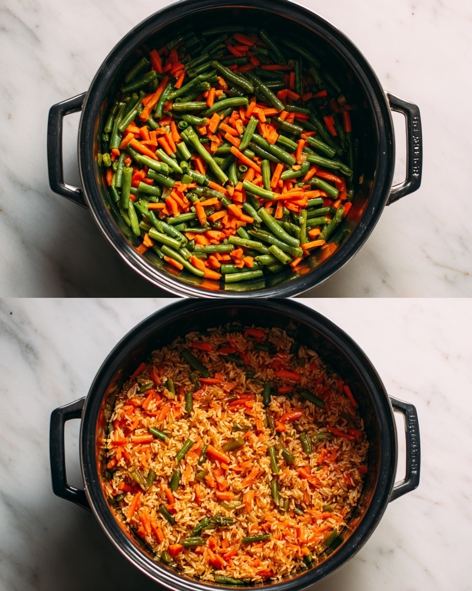The first image shows a black cooking pot filled with chopped green beans and carrots evenly spread inside. The vegetables are fresh and vibrant with bright orange and green colors, sitting on a reflective surface inside the pot. In the second image, the same black pot contains a mix of cooked rice, orange carrots, green beans, and bits of lightly browned ingredients, showing a textured and mixed layer of ingredients spread evenly across the pot with a slightly glossy finish. The pot rests on a white marbled texture. Photo taken with an iphone --ar 4:5 --v 7