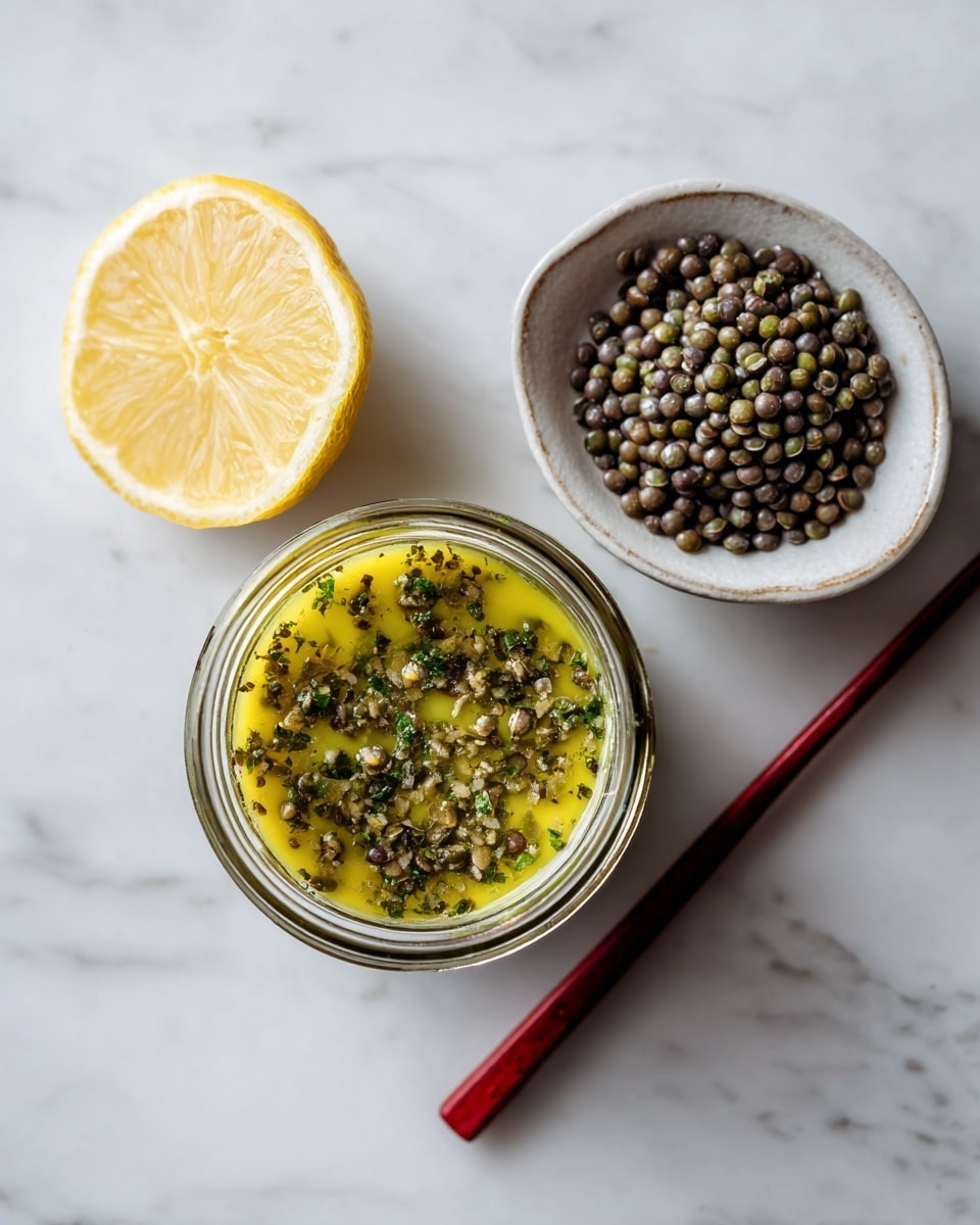 The first image shows a glass jar filled with a yellow-green liquid mixed with small green herb pieces, likely a sauce or dressing, placed on a white marbled surface. To the left of the jar is a half lemon showing its bright yellow flesh, and to the right, a red chopstick rests next to the jar. The second image shows a white bowl filled with small black lentils. On top of the lentils, there is a light green sauce with visible small herb pieces sprinkled on it. The bowl sits on a white marbled surface, giving a clean and simple look. Photo taken with an iphone --ar 4:5 --v 7