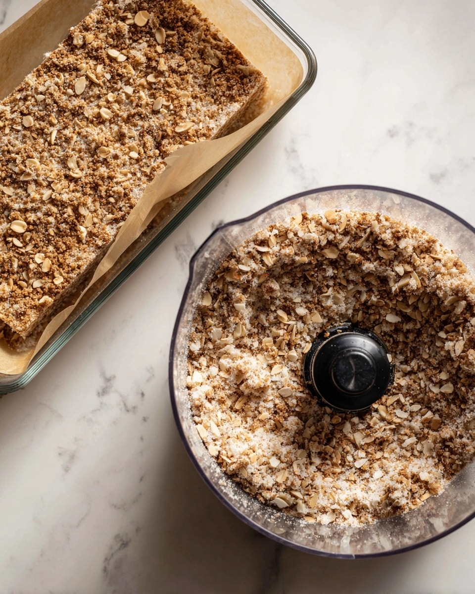 A close-up view of a food processor bowl filled with a coarse, crumbly mixture of light brown and white bits, showing a crumb texture all around a black blade in the center, sitting on a surface with white marbled texture. Next to it, a clear rectangular glass baking dish with parchment paper lining the sides and base holds the same crumbly mixture pressed evenly flat in one layer, showing a mix of small nutty pieces in shades of brown and white, on a white marbled surface. photo taken with an iphone --ar 4:5 --v 7