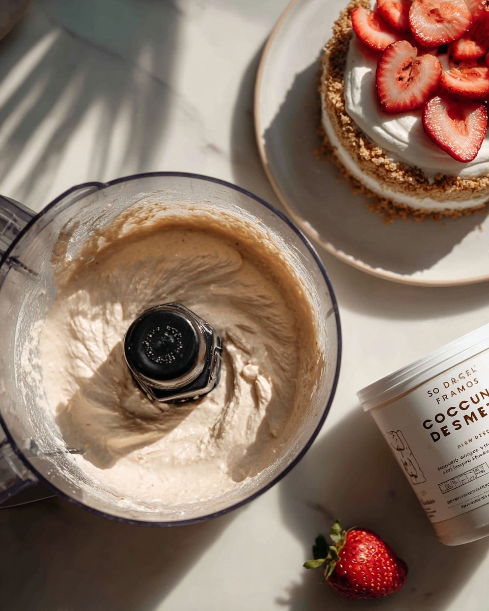 The image on the left shows a close-up view of a creamy, light beige mixture with a smooth but slightly textured surface inside a clear food processor bowl, with a black central blade attachment visible in the center. The image on the right features a white tub of