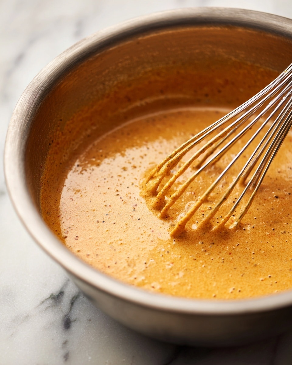 A close-up image of a metal bowl filled with a smooth, thick, light brownish-orange mixture, showing fine specks of spices throughout. Inside the bowl, a whisk coated with the same mixture is partially visible, suggesting the mixture is being stirred. The bowl sits on a surface with a white marbled texture, and the lighting highlights the creamy texture and slight glossiness of the mixture. photo taken with an iphone --ar 4:5 --v 7