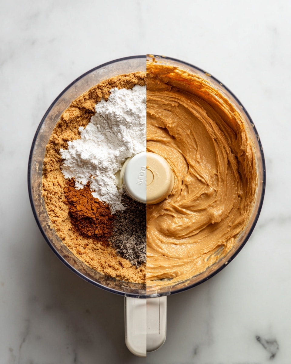 The image shows two side-by-side photos of the inside of a clear food processor with a white handle, placed on a white marbled surface. In the first photo, there are multiple layers of ingredients inside the processor: a crumbly light brown base layer pressed along the sides, next to a pile of white powder on the right, a smooth tan spread near the front, and some dark brown and black powders on the left. The second photo shows the ingredients blended into a smooth, thick, light brown paste with a slightly glossy texture, evenly mixed and sticking to the sides of the food processor bowl. photo taken with an iphone --ar 4:5 --v 7