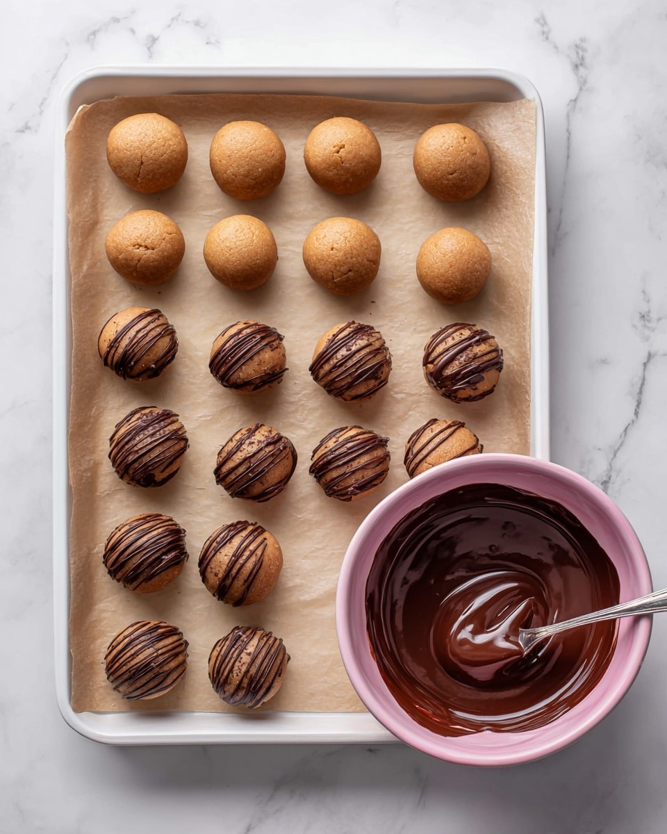On the left side of the image, there is a white baking tray lined with light brown parchment paper holding fifteen smooth, round, brown dough balls arranged in three rows of five. On the right side, the same tray has some of the dough balls coated with dark brown melted chocolate, some drizzled with extra chocolate on top, while other dough balls remain plain. The tray rests on a white marbled surface, and next to it on the bottom right is a pink bowl filled with glossy melted chocolate and a spoon inside, showing texture and shine. photo taken with an iphone --ar 4:5 --v 7