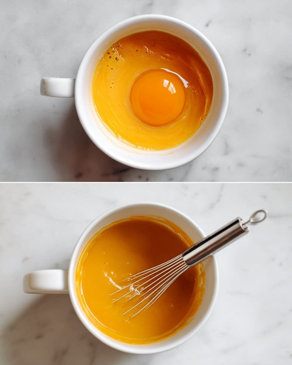 The image shows a white ceramic mug with a handle, placed on a white marbled surface, containing an unblended mixture of ingredients: a raw egg with a bright orange yolk, a few spoonfuls of thick orange puree, and some liquid around them, possibly milk. The second part of the image shows the same white mug filled with a smooth, blended deep orange batter or sauce, with a small silver whisk resting inside. Light shadows fall gently around the mug, highlighting the texture and colors clearly, photo taken with an iphone --ar 4:5 --v 7