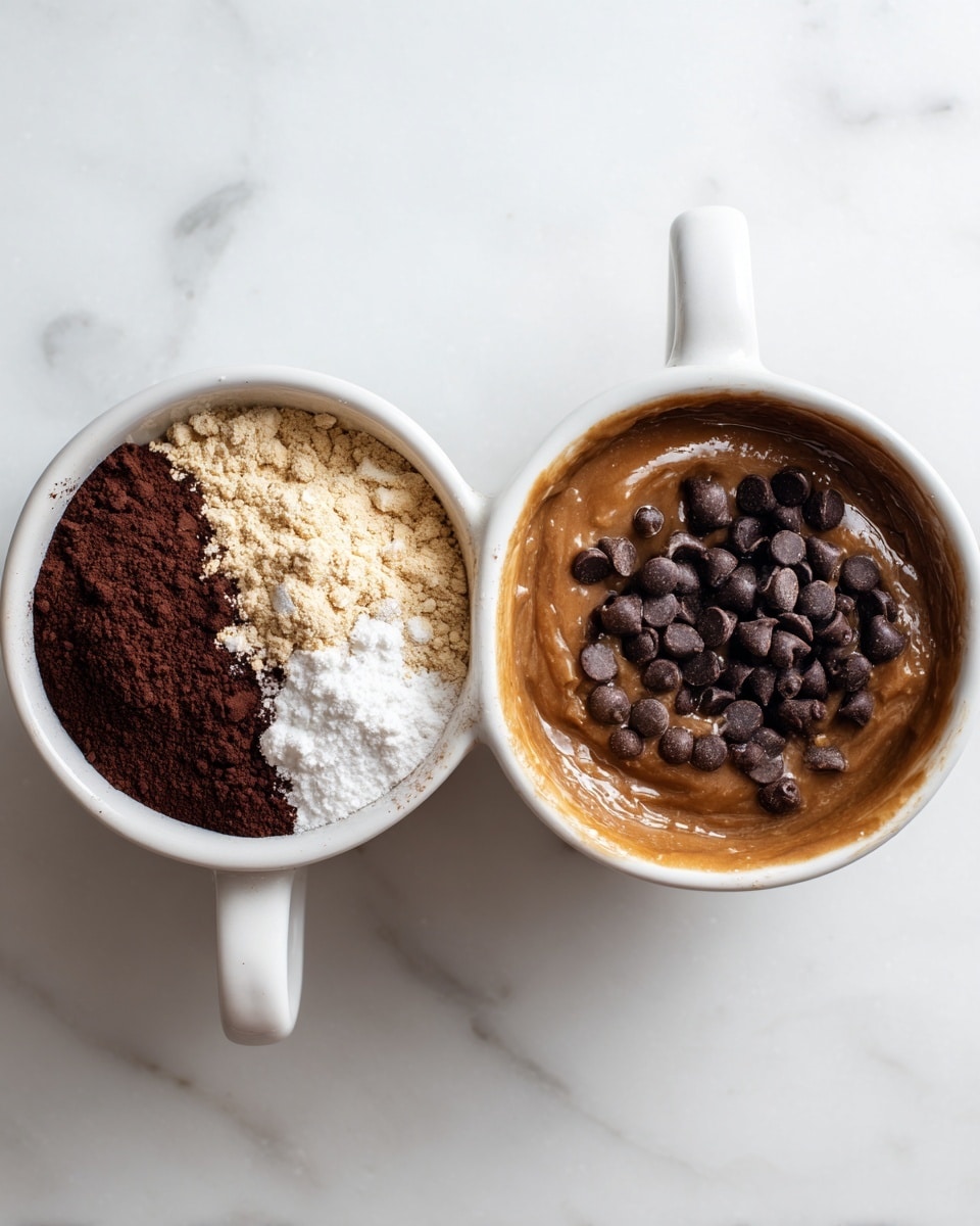 Two white mugs sit side by side on a white marbled surface. The left mug holds dry ingredients in three layers: a base of light beige flour, topped with a thick layer of dark brown powder, and a small mound of white powder on top. The right mug shows a smooth, thick brown batter filling most of the cup, with shiny dark brown chocolate chips scattered on top. The lighting highlights the textures of the powders and the glossy chocolate in clear detail, photo taken with an iphone --ar 4:5 --v 7