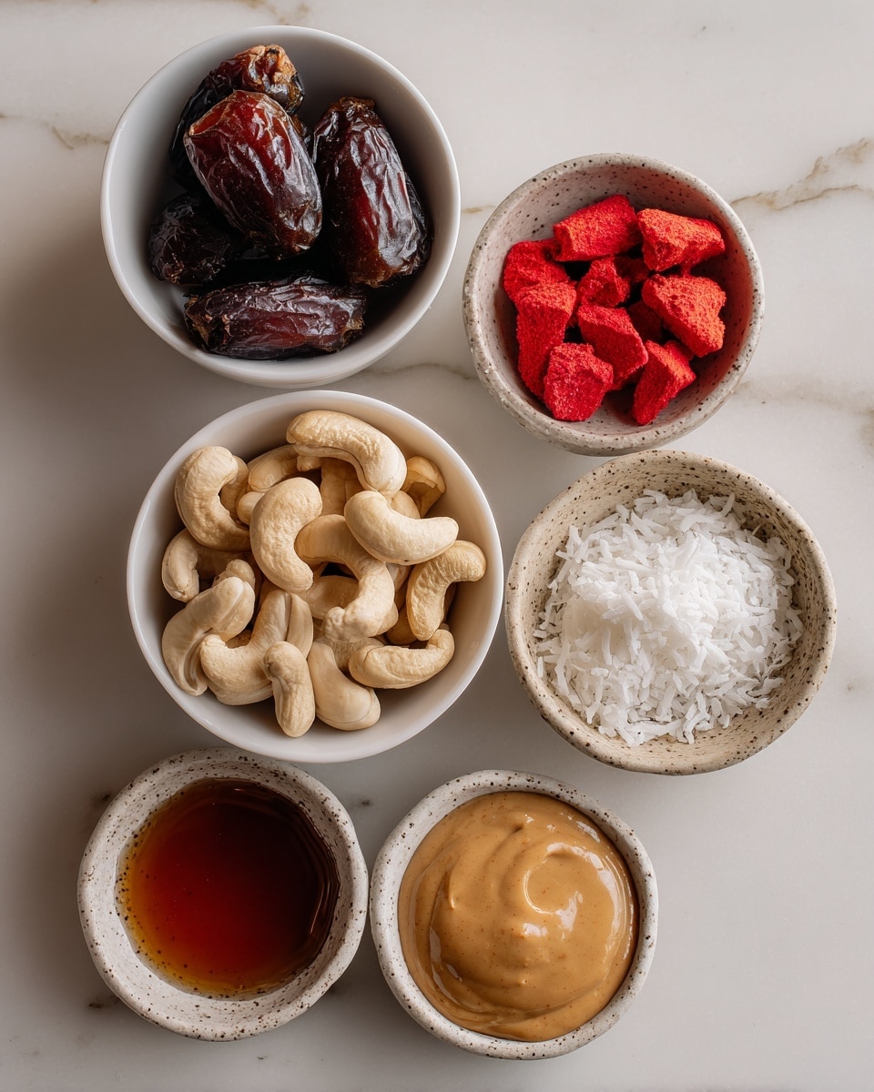 The image shows six small white bowls placed on a white marbled surface. The center bowl is filled with pale beige cashew nuts with smooth texture. Above it and to the left is a bowl with dark brown dates with a shiny surface. To the top right, a bowl contains bright red freeze-dried strawberry slices, slightly rough in texture. To the right of the cashews, a textured bowl holds white shredded coconut. On the far left, a bowl contains smooth, light tan peanut butter, and below it, a smaller bowl holds dark amber syrup. Each bowl contrasts clearly against the white marbled background, creating a clean and colorful display. Photo taken with an iphone --ar 4:5 --v 7