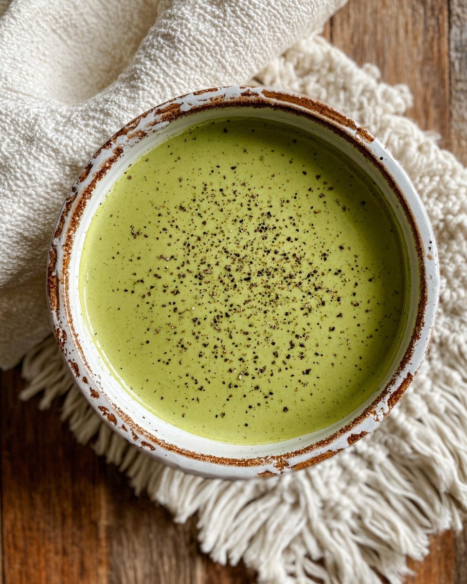 A white bowl filled with a green creamy sauce, smooth in texture with small specks of black pepper sprinkled evenly on top. The bowl has a rustic, slightly worn edge with a white and brown pattern, sitting on a wood surface with a white woven cloth beside it. Photo taken with an iphone --ar 4:5 --v 7
