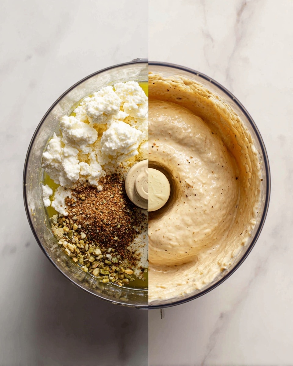 The image shows two side-by-side views of a clear food processor bowl on a white marbled surface. The left side displays the bowl filled with separate ingredients: white crumbly cheese, golden olive oil pooling at the bottom, and a sprinkle of mixed brown and green spices on top. The right side shows the same bowl after blending, filled with a smooth, thick creamy mixture that is pale beige with visible tiny specks of seasoning. photo taken with an iphone --ar 4:5 --v 7