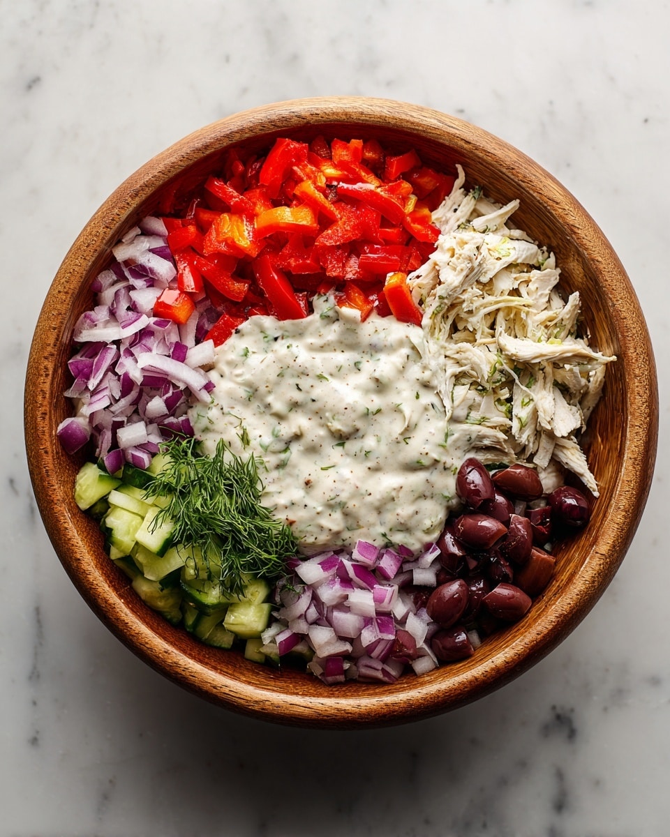 A wooden bowl sits on a white marbled surface, filled with layers of chopped vegetables and ingredients arranged separately: bright red chopped roasted red peppers, finely chopped purple-red onions, a pile of fresh green dill, light green diced cucumbers, and dark purple sliced olives, all resting on a base of shredded white chicken. In the second image, a thick, creamy white sauce with specks of herbs is placed in the center over the layered ingredients, covering parts of each colorful section. Photo taken with an iphone --ar 4:5 --v 7
