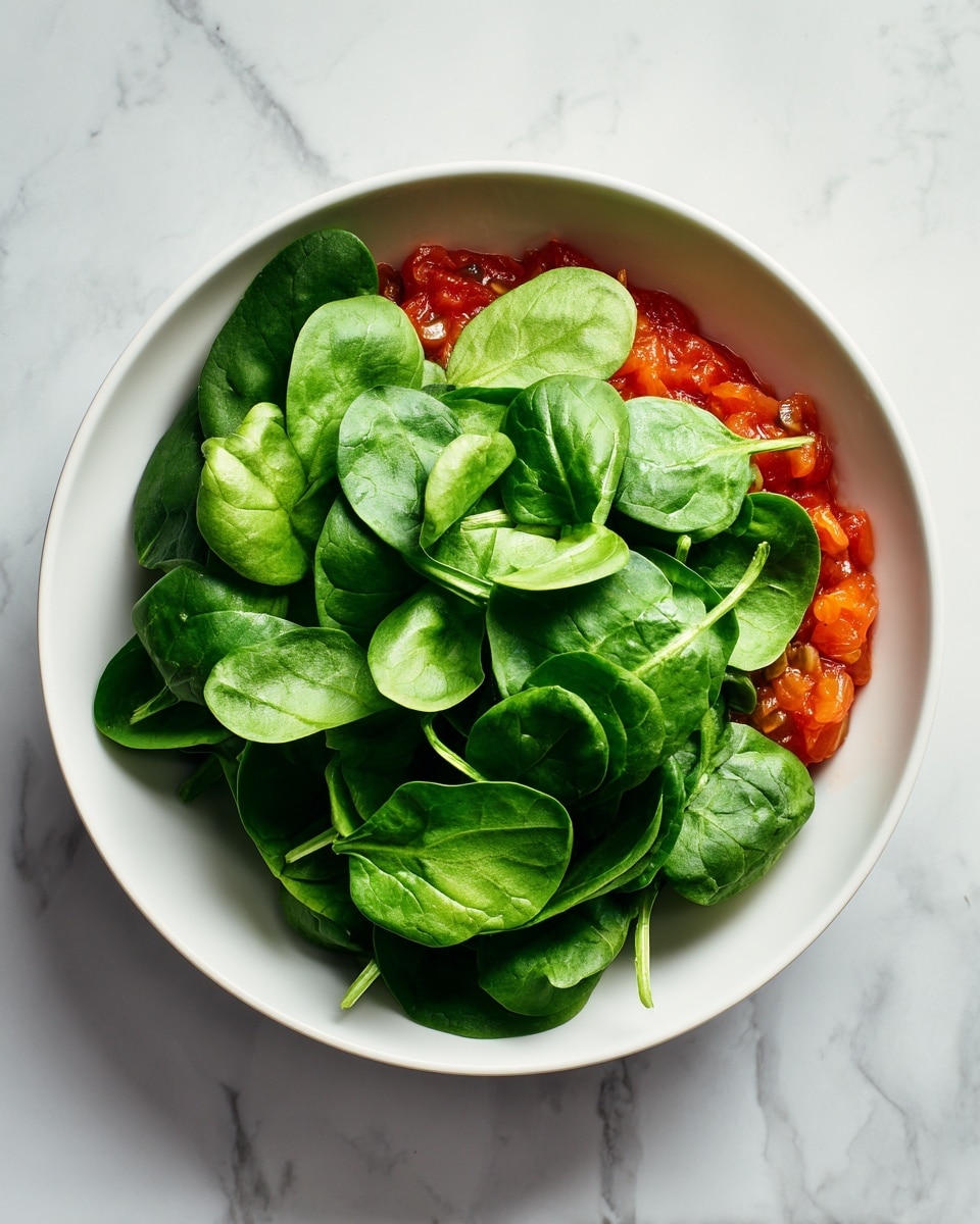 A white bowl contains two layers: the bottom layer is red cooked tomatoes with a slightly chunky texture spread unevenly, and on top is a fresh pile of bright green spinach leaves that are whole and crisp, covering about two-thirds of the tomatoes at the bottom. The bowl sits on a white marbled surface photo taken with an iphone --ar 4:5 --v 7
