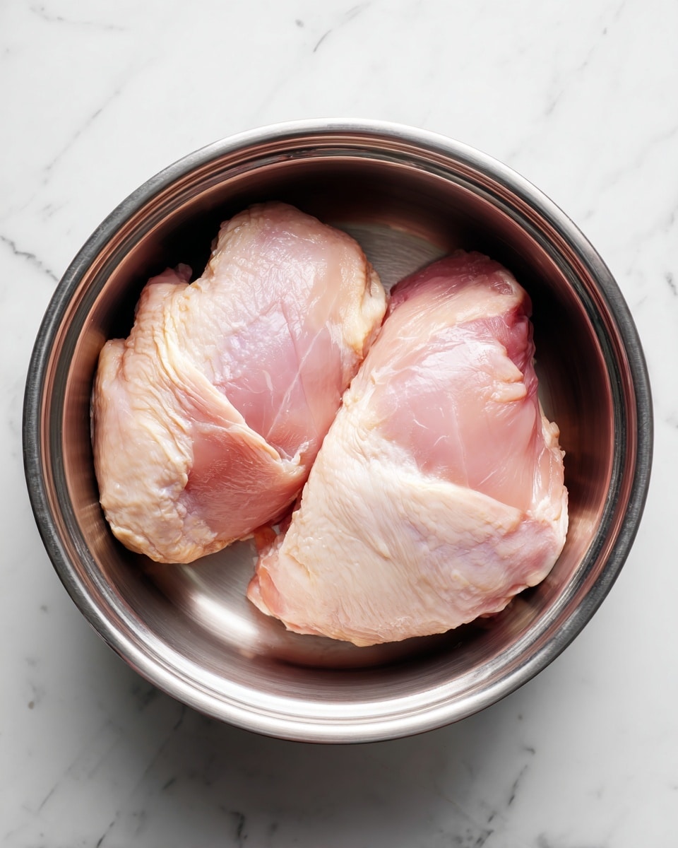 The image shows two large pieces of raw chicken placed side by side at the bottom of a shiny silver pot. The chicken pieces are pale pink with a smooth, slightly moist texture, resting flat against the metal surface inside the pot. The pot sits on a white marbled surface, and there is no additional food or seasoning visible. The perspective is from above, clearly showing the entire inside of the pot and the chicken pieces. photo taken with an iphone --ar 4:5 --v 7