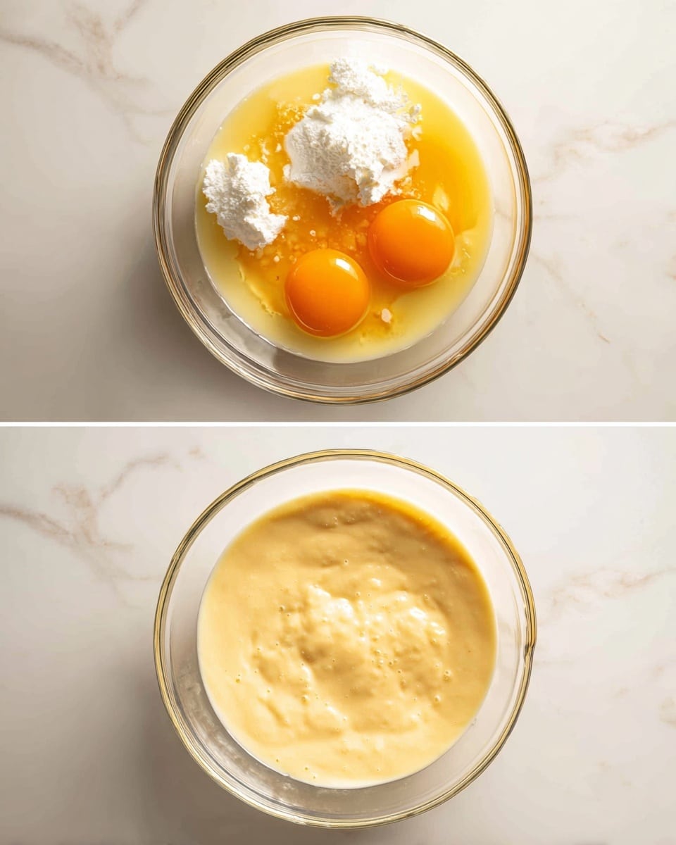 Two images show the steps of mixing ingredients in a clear glass bowl placed on a white marbled surface. The first image shows two bright orange egg yolks partially covered by a few dollops of white cream and some yellow liquid, with the ingredients sitting separately in the bowl. The second image shows the same bowl now filled with a smooth, pale yellow batter evenly mixed without any separation of ingredients. Photo taken with an iphone --ar 4:5 --v 7