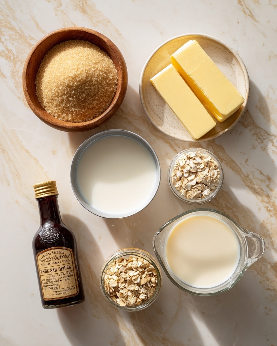 The image shows various baking ingredients arranged neatly on a surface with a white marbled texture. There is a small wooden bowl filled with light brown sugar at the top center, and below it is a small plate with two yellow sticks of butter on the left side. In the middle, a can lid holds a small amount of thick white liquid, likely sweetened condensed milk. At the bottom left, there is a small dark brown bottle labeled vanilla extract and next to it a small glass jar filled with golden brown apple pie spice with a white label. On the right side, part of a white bag of rolled oats is visible, and at the bottom right corner, there is a glass measuring cup filled with a creamy liquid, possibly milk. Photo taken with an iphone --ar 4:5 --v 7