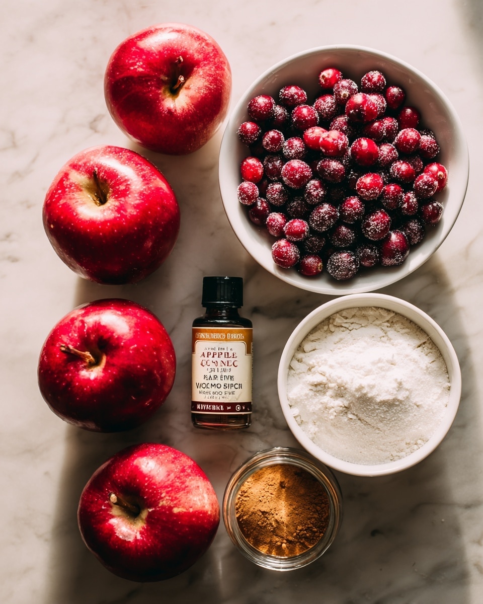 The image shows five main items placed on a white marbled surface with a warm reddish tone visible underneath. There are three bright red apples with a smooth and shiny skin, positioned at the corners and edges. Three white bowls hold different ingredients: one bowl is filled with fresh, plump cranberries that have a glossy deep red color with some frost on them; another bowl contains fine white sugar with a slightly granulated texture; the third bowl has white powdery flour with a soft, powdery look. Between the bowls, there are two small bottles, one is a glass jar with an orange-brown spice labeled