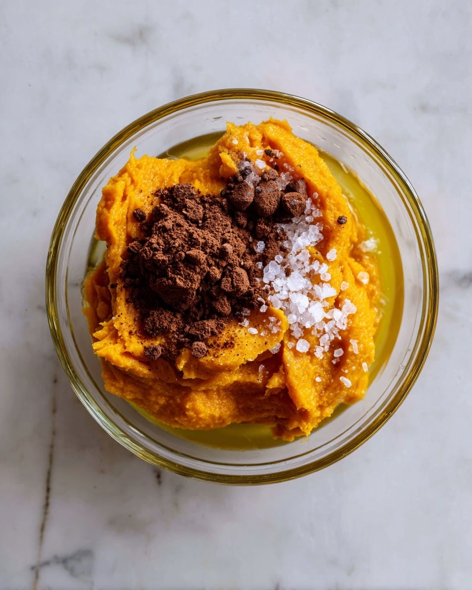 A clear glass bowl holds several layers of thick pumpkin puree in bright orange, topped with a small pile of dark brown cinnamon powder towards the lower left side, and a scattering of white salt crystals above the cinnamon. Around the pumpkin puree, there is a pool of golden yellow liquid. The bowl is placed on a white marbled surface. photo taken with an iphone --ar 4:5 --v 7