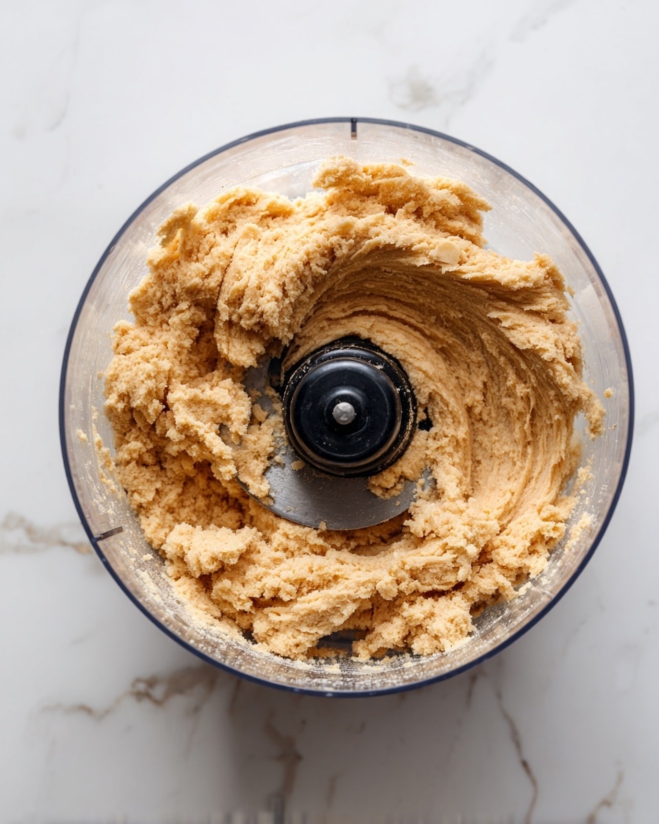 The image shows a close-up of thick, light brown dough with a slightly crumbly texture inside a transparent food processor bowl, revealing bits of floury pieces mixed in. The dough fills the bowl loosely, with some parts pressed against the sides and others piled toward the center near the black blade in the middle. The background surface has a white marble pattern, giving a clean and bright look. photo taken with an iphone --ar 4:5 --v 7