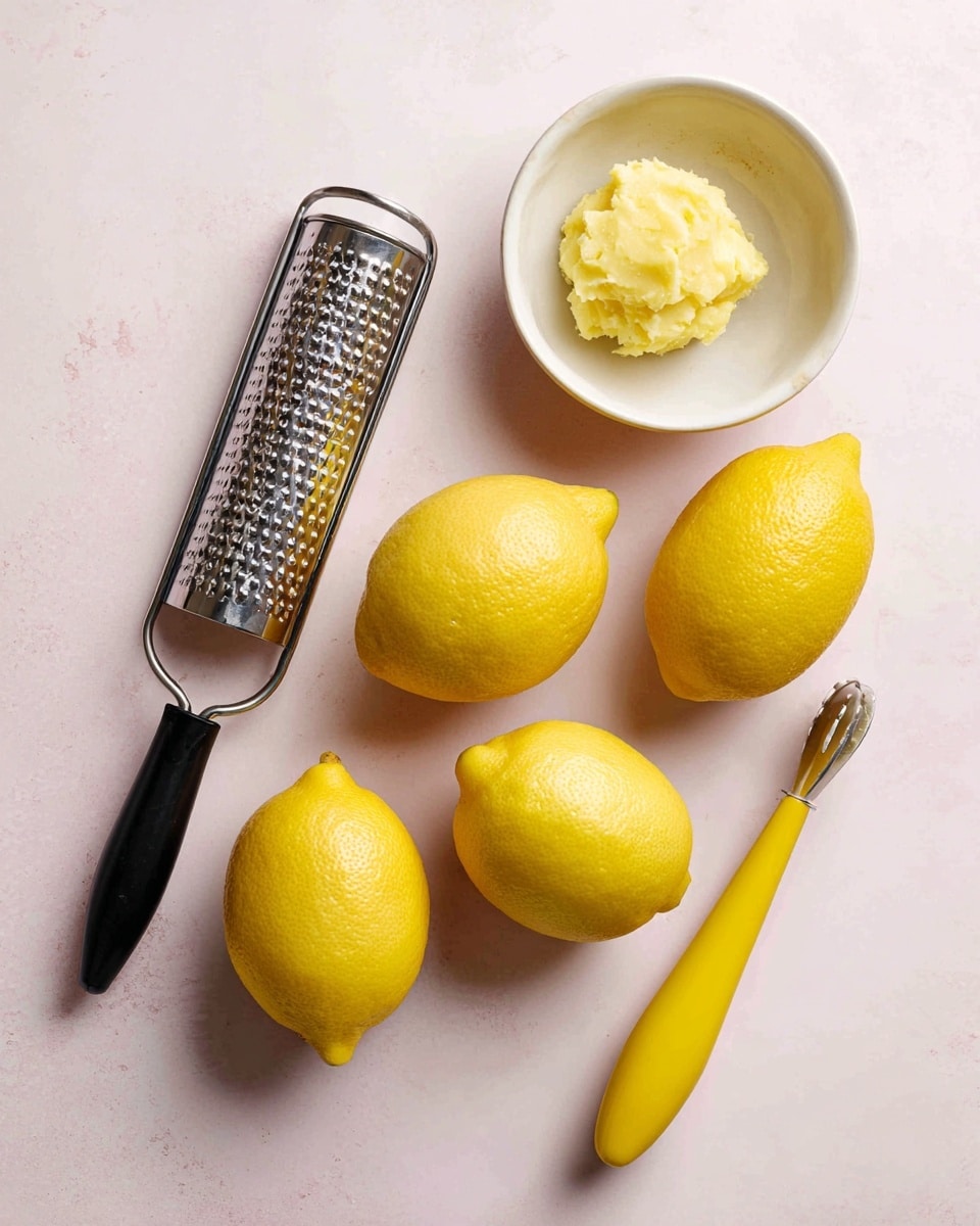 The image shows five bright yellow lemons spread on a light pink surface. On the left side, there is a metal grater with a black handle. At the top right, a small white bowl holds a shaped piece of yellow butter. On the far right side, there is a yellow lemon squeezer with a long handle. The setup is simple with clean and bright colors, showing the lemons, butter, and tools clearly. Photo taken with an iphone --ar 4:5 --v 7