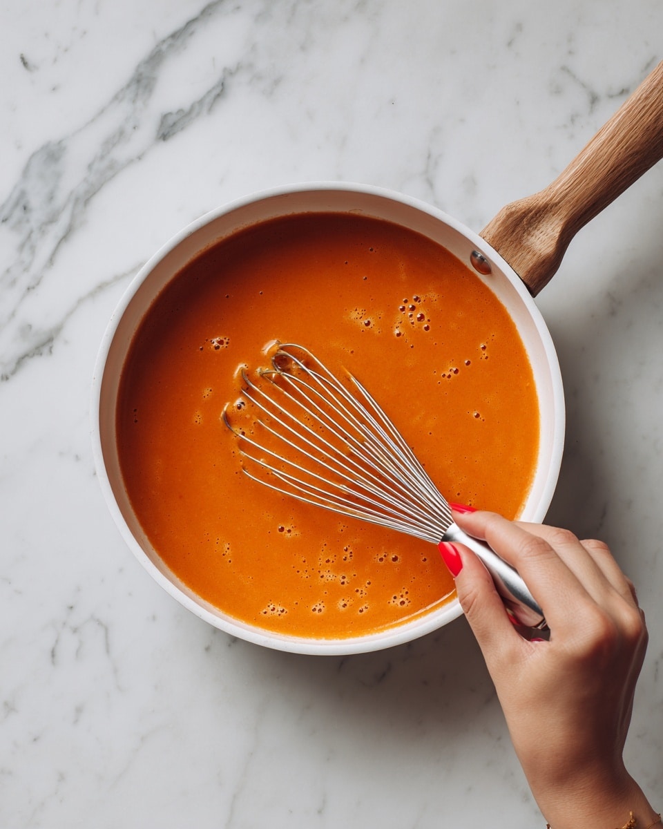 A woman's hand with red nail polish is holding a small silver whisk, stirring smooth, bright orange batter inside a white saucepan with a wooden handle. The batter fills the pan almost to the edge and has small bubbles scattered on the surface. The pan sits on a white marbled surface. photo taken with an iphone --ar 4:5 --v 7