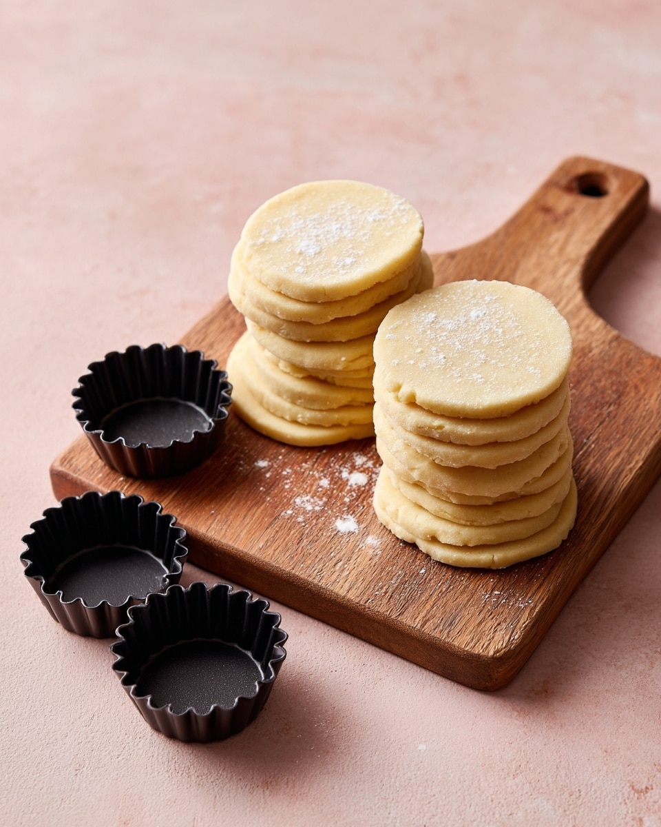 The image shows two stacks of round, yellow dough discs placed on a wooden cutting board. Each stack has about five to six discs, with a smooth texture and a light dusting of flour on top. The wooden cutting board has a warm brown color and grain texture, and it sits on a soft pink surface. Below the board, there are three small black tart pans with scalloped edges, arranged in a loose triangular shape on the pink background. The scene is clear and well-lit, with a simple and clean setup. photo taken with an iphone --ar 4:5 --v 7