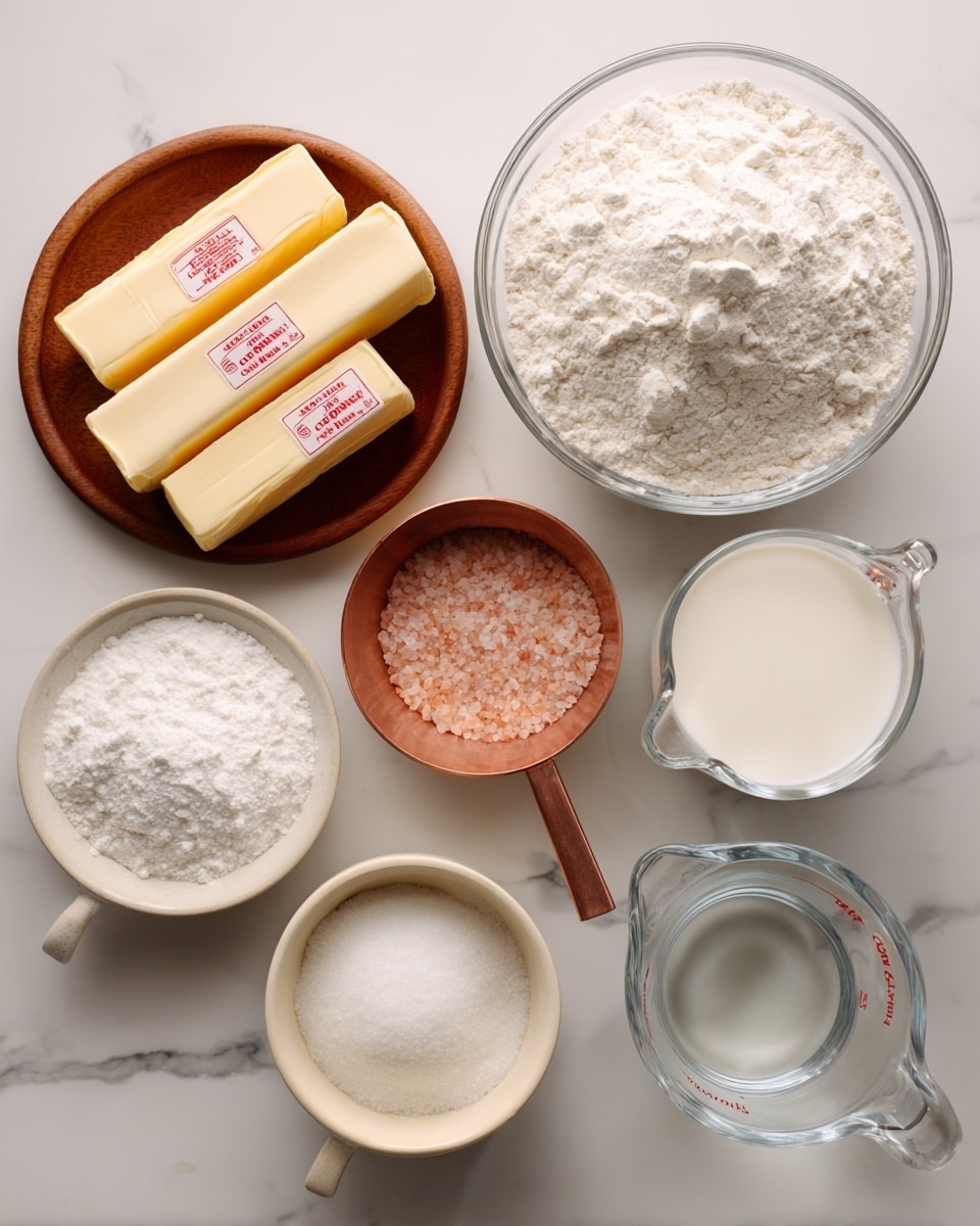 The image shows a top view of baking ingredients arranged neatly on a white marbled surface. There is a large clear glass bowl full of white flour in the top right corner. Next to it on the left are three sticks of pale yellow butter stacked slightly angled, with red labels. Below the butter is a small wooden bowl filled with light brown yeast powder. To the right of it is a copper measuring cup filled with white sugar. Below the yeast bowl is a small white ceramic bowl with coarse pink salt. Next to the salt bowl is a cream-colored bowl with some white flour in it. To the right of these bowls, there are two clear measuring cups with handles, one filled with white milk and the other with clear water. The items are well lit and spaced evenly. photo taken with an iphone --ar 4:5 --v 7