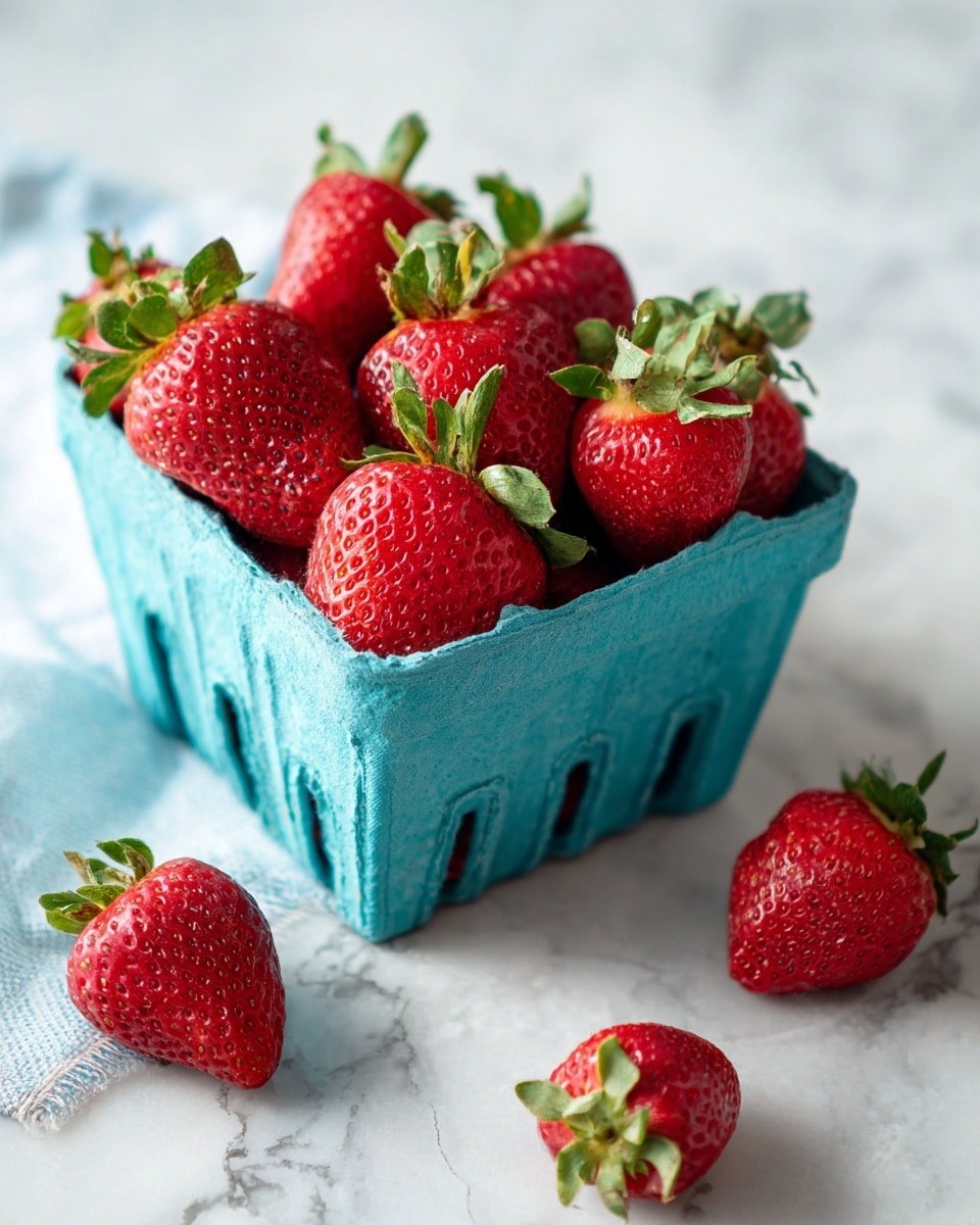 A blue carton filled with many fresh, bright red strawberries with green leaves is placed on a white marbled surface. Three strawberries lie outside the carton, scattered around it, showing their vibrant red color and textured skin with seeds. The image is simple and focused on the fresh berries, with soft natural light highlighting their juicy texture. photo taken with an iphone --ar 4:5 --v 7