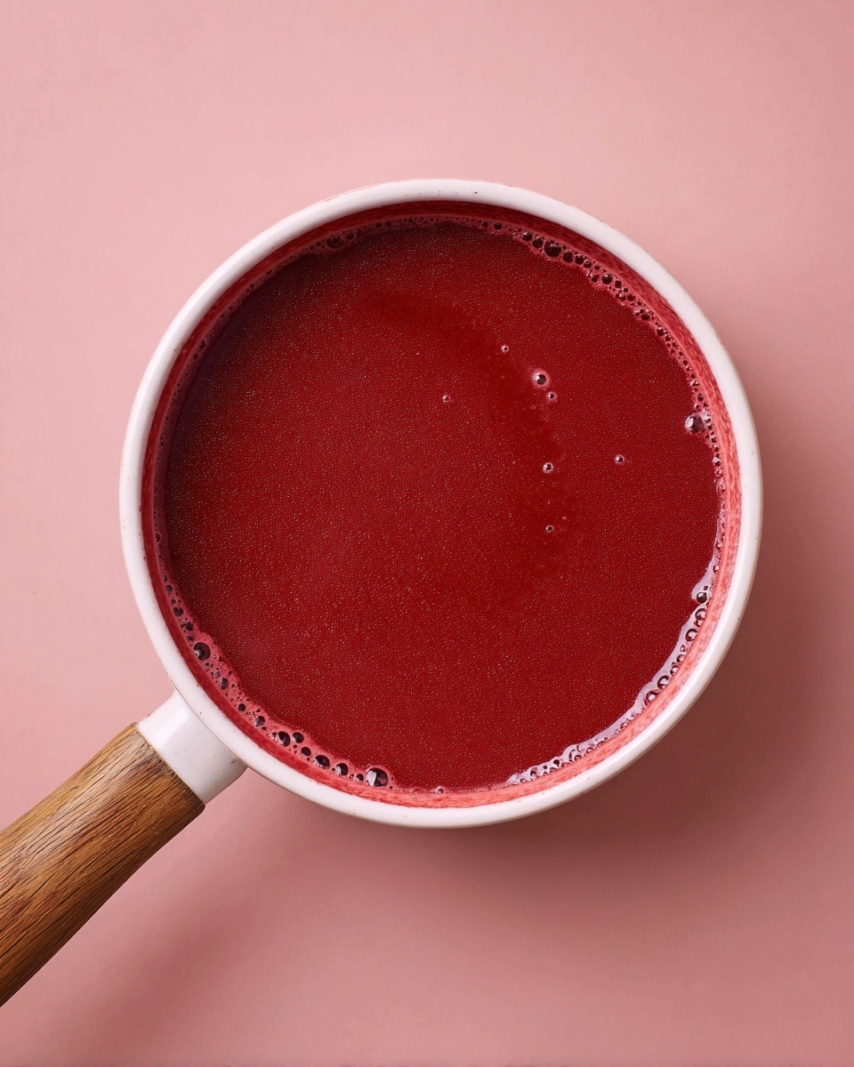A white pot with a wooden handle is filled with a smooth, deep red liquid that looks like a thick sauce or soup. The red surface has a shiny and slightly textured appearance with small bubbles around the edge inside the pot. The pot is placed on a soft pink surface. photo taken with an iphone --ar 4:5 --v 7