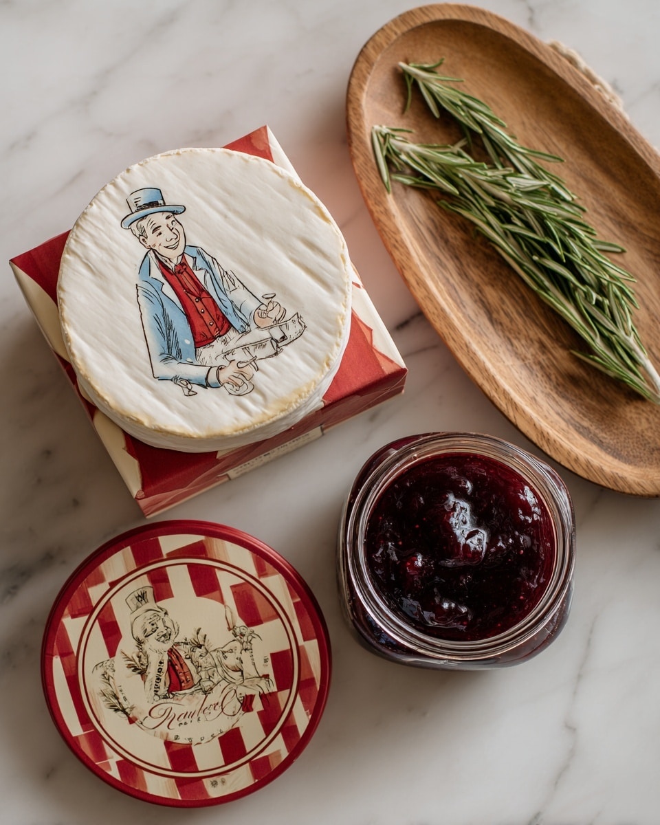 The image shows a round white wrapped cheese placed next to its red and cream colored round box that features an illustration of a smiling man in blue shirt and red scarf. Above the cheese, there is an oval wooden cutting board with three green sprigs of rosemary on it. Below the cutting board, there is an open jar of dark red jam with its red and white checkered lid placed beside it. All items are set on a white marbled surface photo taken with an iphone --ar 4:5 --v 7