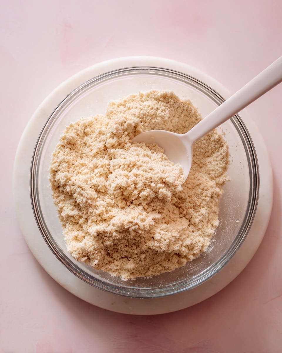 A clear glass bowl filled almost to the top with light beige, crumbly flour mixture that looks fluffy and grainy. Inside the bowl, a white spoon with a slightly shiny plastic texture is rising out of the mixture, partially buried at an angle. The bowl is sitting on a white marbled round surface, which rests on a soft pink flat background. The scene is softly lit from above, highlighting the texture of the crumbly mixture and the smooth surface of the spoon. Photo taken with an iphone --ar 4:5 --v 7