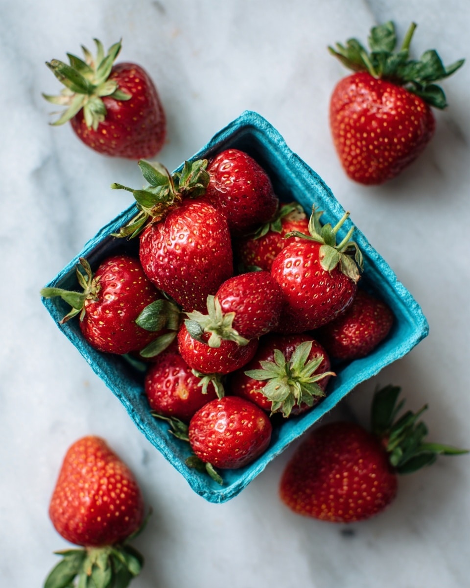 A small blue carton filled with many fresh, red strawberries with green leafy tops sits at the center of the image, placed on a white marbled surface. Around the carton, four strawberries are scattered, showing their bright red color and green tops clearly. The strawberries have a shiny, slightly textured skin with small yellow seeds visible. The photo is taken from above with natural lighting, emphasizing the fruit's fresh and ripe look. photo taken with an iphone --ar 4:5 --v 7