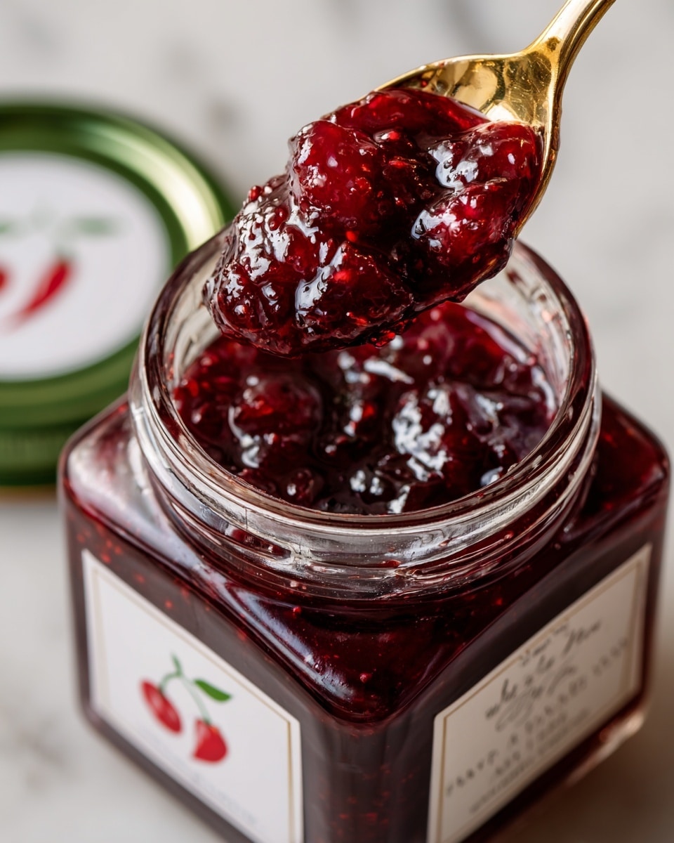 A close-up view of a square glass jar filled with thick dark red jam that has visible fruit pieces inside, with a shiny smooth texture on top. A golden spoon is scooping some jam from the open jar, showing the glossy, sticky surface of the jam catching light. The jar has a white label with small text and an illustration of a red chili pepper. The green jar lid sits beside the jar on a white marbled surface. photo taken with an iphone --ar 4:5 --v 7