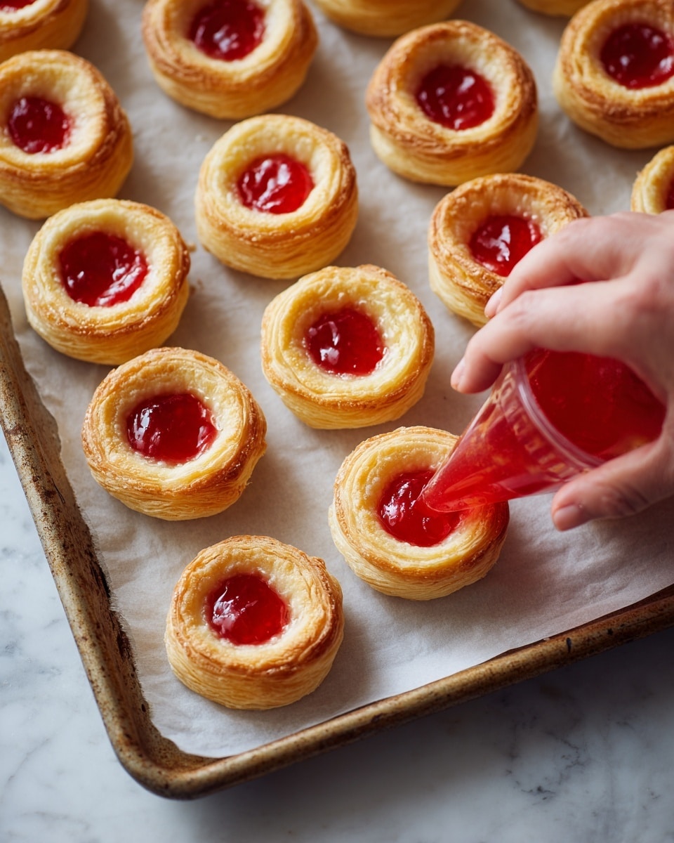 The image shows a baking tray lined with white parchment paper on a white marbled surface, holding 18 golden puff pastry shells arranged in a grid pattern. Each pastry has a round shape with three visible flaky layers and a hollowed center. A woman's hand on the right side is squeezing bright red jam from a clear piping bag into one of the shells, filling the hollow with a shiny, smooth texture. Some of the shells are already filled with the red jam, creating a vibrant contrast against the light golden pastry. The tray has a rustic, slightly worn look, emphasizing the homemade feel of the scene. Photo taken with an iphone --ar 4:5 --v 7