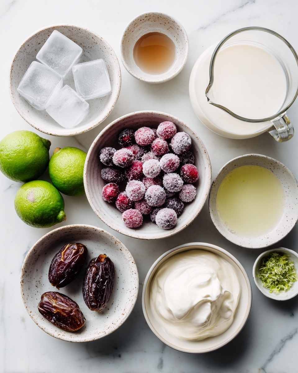 The image shows a flat lay of various white bowls and glass measuring cup arranged on a white marbled surface. Starting from the top left, there is a bowl with three clear ice cubes, next to a small bowl filled with light brown syrup. To the right sits a glass measuring cup full of white milk. Centered is a shallow white bowl full of bright red frozen cranberries coated in frost. Below the cranberries, another bowl holds two dark brown dates with a wrinkled texture. A bowl on the bottom right contains smooth, white yogurt with soft peaks. Near the bottom center is a small bowl with pale yellow liquid, likely oil or juice. To the far left are two whole limes, one green and one light green with some rough skin. Above these limes is a small bowl containing green lime zest. All containers are off-white with small brown speckles, and the overall scene is bright and clean. Photo taken with an iphone --ar 4:5 --v 7